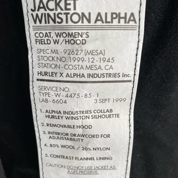 Hurley X Alpha IND Collaboration Black Wool Pea Coat NWT Size small RARE - Picture 6 of 15